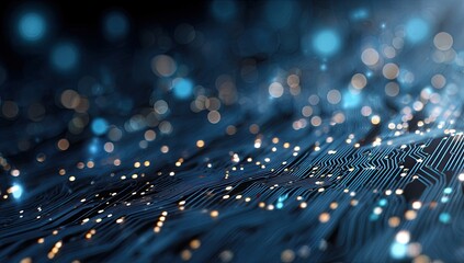 An abstract close-up depicting the intricate circuitry of a computer chip with bokeh effects