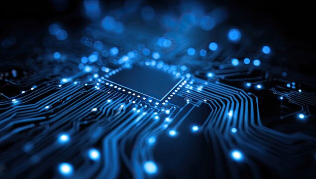 Close-up view of a microchip on a circuit board, glowing blue, illustrating technology and networking