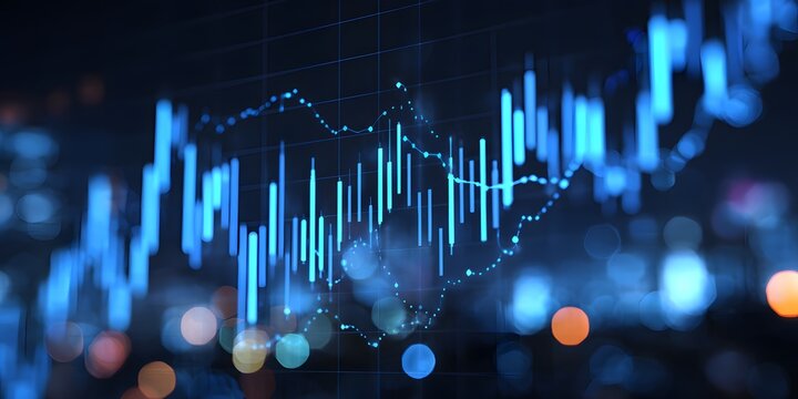 Abstract glowing blue financial stock market trading chart with bokeh lights representing economic growth and investment opportunities