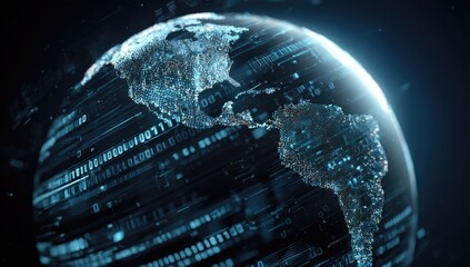 A digital representation of the Earth, illuminated, showcasing data streams and binary code