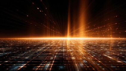 A stylized, abstract rendering with a glowing grid and streaks of light against a dark backdrop