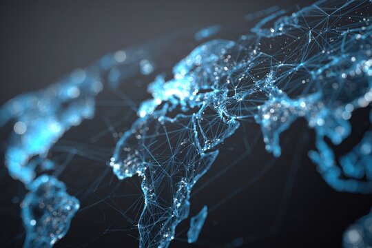 Futuristic digital illustration of a world map composed of connected glowing dots and lines