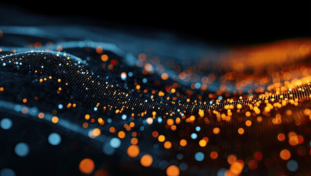 A detailed, abstract representation of undulating waves composed of glowing spheres - Powered by Adobe