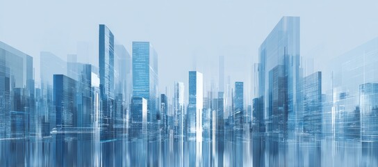 Abstract architectural cityscape rendered in cool blue tones. Skyscrapers and reflections evoke modern urban design