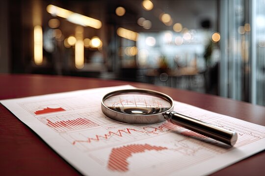 A magnifying glass focuses on financial charts, with blurred restaurant interior in the background - Powered by Adobe