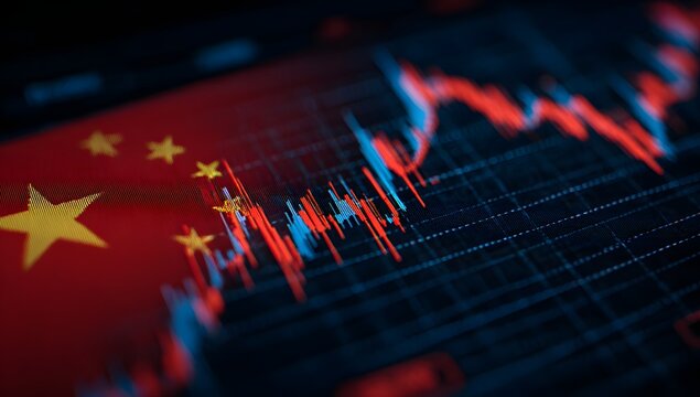 Dynamic stock market graph overlaid on the national flag of china illustrating economic trends and financial performance in the asian market - Powered by Adobe