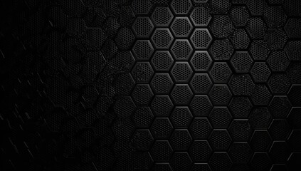 Close-up of dark, textured surface with honeycomb-like hexagonal pattern. Subtle lighting adds depth