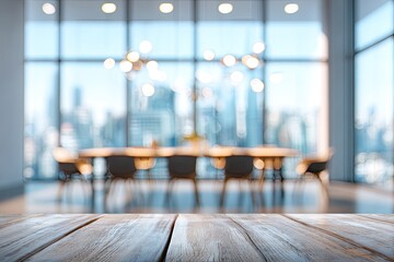 Obraz premium Blurred view of a spacious, modern room, with a long table and city skyline