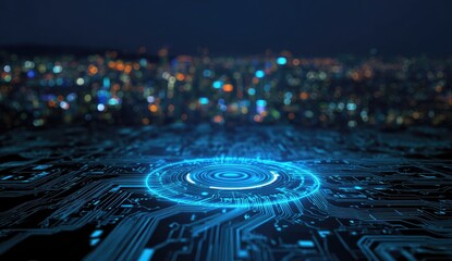 Close-up of illuminated circuit board with city lights in the soft-focused background