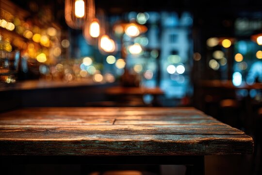 A rustic wooden table foregrounds a blurred, lit bar with hanging lights and city backdrop - Powered by Adobe