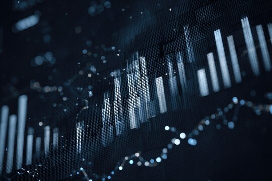 A dark abstract image showcasing digital data analysis with vertical bars and dotted lines