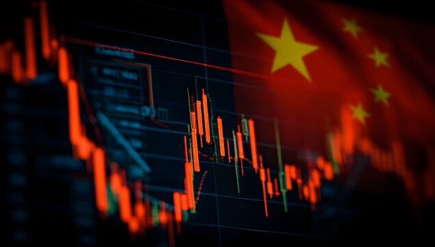 Visual representation of fluctuating stock market trends and financial performance against the backdrop of the chinese national flag symbolizing economic activity - Powered by Adobe