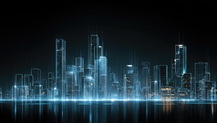 Futuristic cityscape illustration featuring illuminated skyscrapers against a dark backdrop with reflections