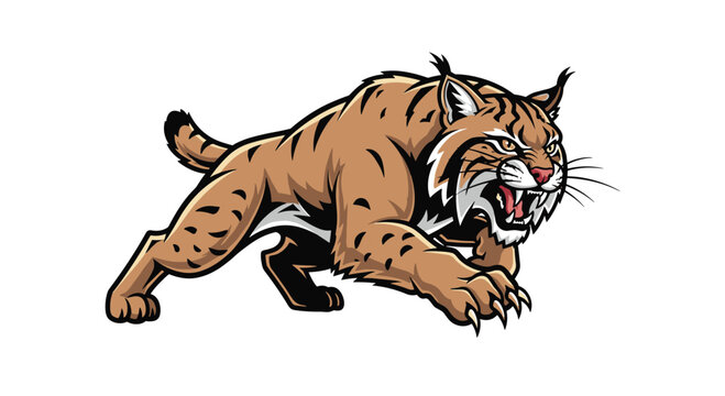 A fierce bobcat with sharp teeth and claws is depicted in a dynamic pose.