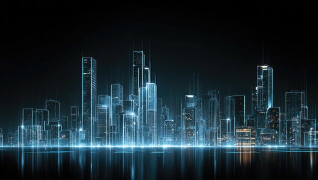Futuristic cityscape illustration featuring illuminated skyscrapers against a dark backdrop with reflections