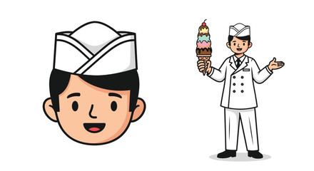 Fototapeta premium A friendly ice cream vendor holding a tall colorful ice cream cone in a white uniform.