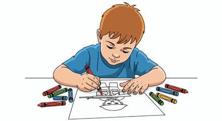 Little boy joyfully immersed in a creative coloring activity, developing his artistic skills and fine motor coordination with an array of vibrant crayons on paper