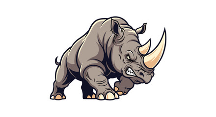 A powerful charging rhinoceros with a fierce expression and a large horn.