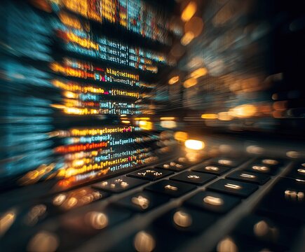 Close-up of a laptop keyboard with glowing code on the screen and blurred lights
