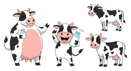 Several cartoon cows holding bottles of milk in various poses.