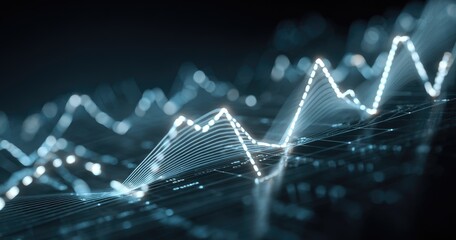 Abstract render of interconnected data lines, showing upward and downward trends on a dark background