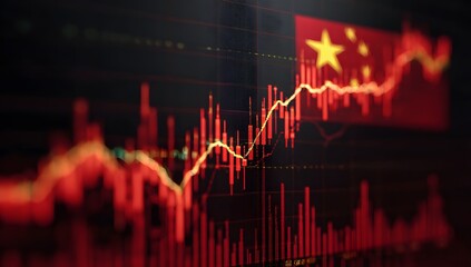Global economic trends and financial market analysis represented by a red stock chart overlayed with the chinese flag and abstract cityscape background