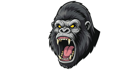 An aggressive gorilla opens its mouth showing sharp teeth and a pink tongue.