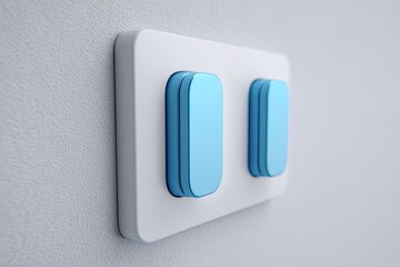 Close-up of a white electrical switch plate with two blue rectangular buttons on textured surface