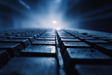 A close-up perspective shows a pattern of dark, rectangular forms leading to a bright light