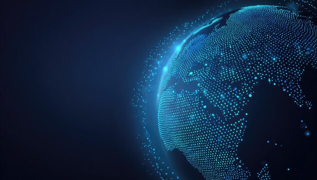 Digital globe shows a dotted, glowing earth surrounded by a luminous, blue aura in space