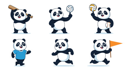 Cute pandas engaged in various sports and activities enjoying their playful nature.