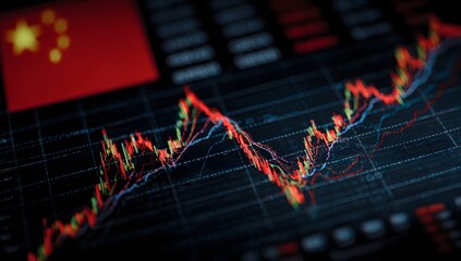 Global economic trends and financial market analysis represented by a red stock chart overlayed with the chinese flag and abstract cityscape background