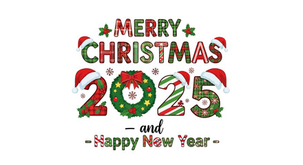 Merryl Christmas 2025 typography design with festive decorations, Santa hats, holly leaves, and a wreath accent. Perfect for holiday apparel, greeting cards, and family celebration designs. © tika
