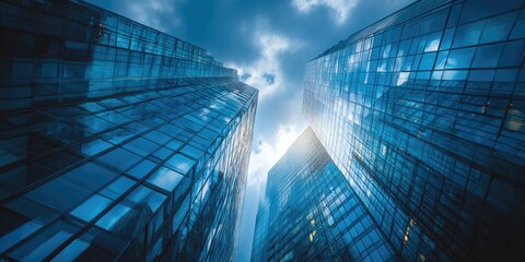 A low-angle view of two tall skyscrapers with a blue-tinted aesthetic and overcast sky