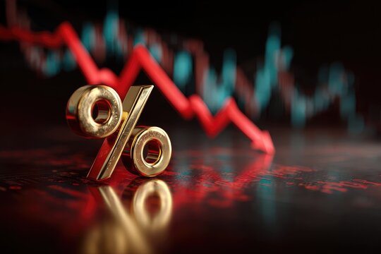 Golden percent sign with red stock graph descending in background, representing a decline