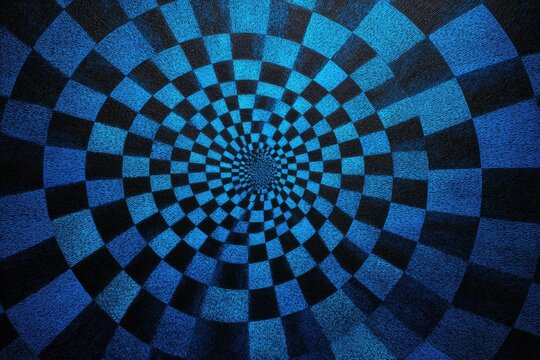 Abstract, swirling checkerboard pattern featuring concentric blue and black squares for visual impact