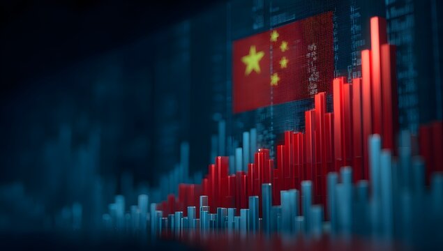 Abstract representation of the chinese economy with a rising stock market graph and the national flag integrated into the digital data visualization
