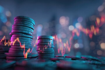 Stacks of coins with financial charts overlay, nighttime cityscape lights background