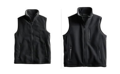 Two black fleece vests, one slightly smaller than the other, isolated on transparent background