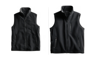 Two black fleece vests, one slightly smaller than the other, isolated on transparent background