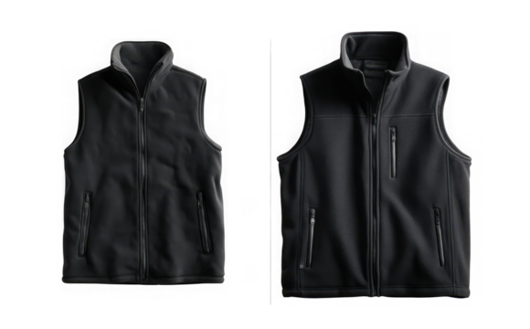 Two black fleece vests, one slightly smaller than the other, isolated on transparent background