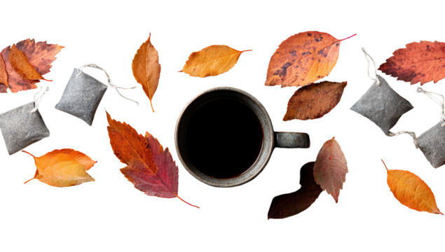 Autumnal tea, scattered leaves, mug of dark liquid, cozy still life - Powered by Adobe