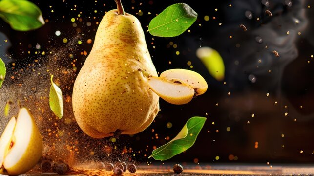 Fresh Pear Sliced with Flying Leaves and Spices on Dark Background for Culinary, Health, and Nutrition Concepts