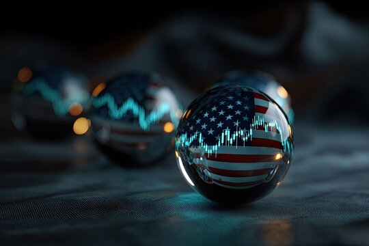 Conceptual visualization showing a US flag inside crystal orbs, with financial data reflections - Powered by Adobe
