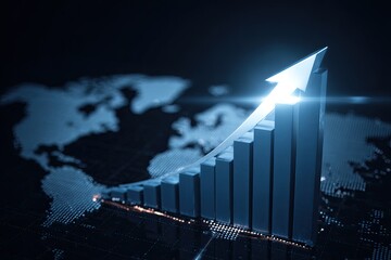 An upward arrow emerges from a rising graph over a world map. Visualizing growth and success
