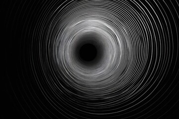 Perspective view of concentric circles receding into darkness. A central black void is the vanishing point