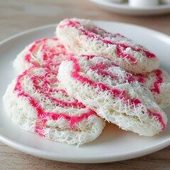 Closeup of traditional Sri Lankan Asmi — a lace-like fried sweet made with rice flour and coconut milk, golden brown and drizzled with pink syrup, beautifully presented under natural daylight.