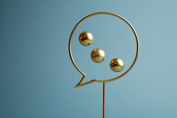 An abstract gold-colored speech bubble holding three golden spheres against a blue background