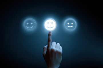 A human finger touches a glowing smiley face icon, part of a feedback scale