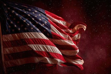 A patriotic flag of stars and stripes waves boldly against a red and starry background